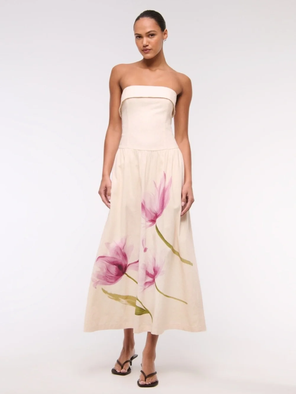 Abercrombie & Fitch NWT Strapless Drop-Waist Linen-Blend Maxi Dress Floral